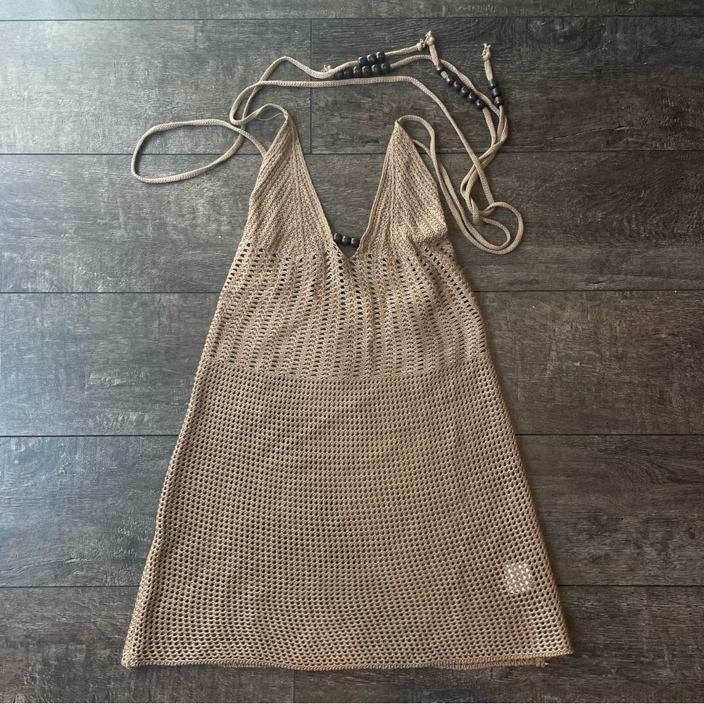 Brown knit / crochet bodycon backless mini dress with beaded ties